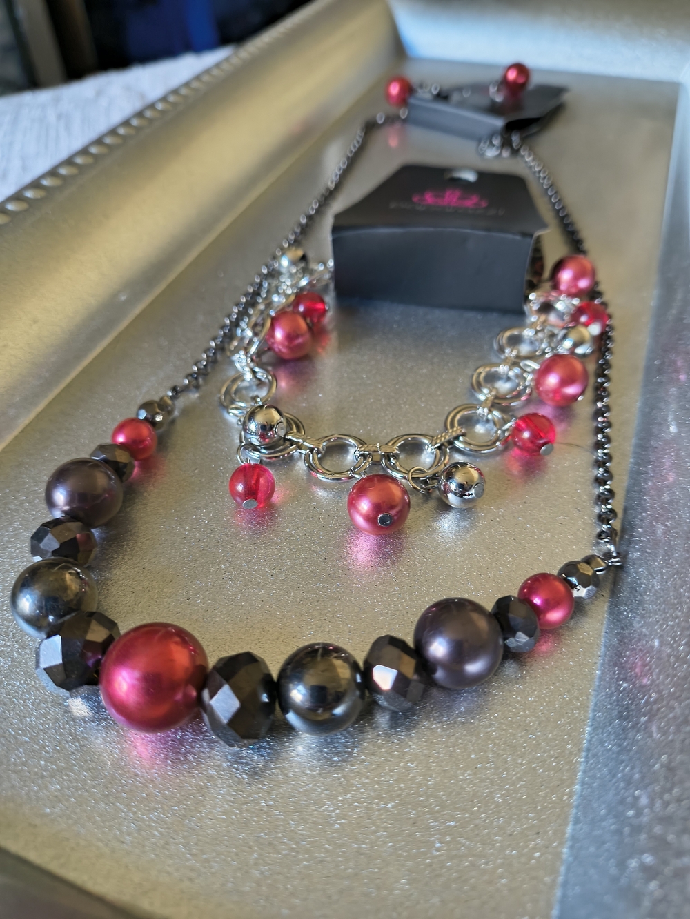 Pearl Red and Gunmetal Bead Statement Necklace/Bracelet Set